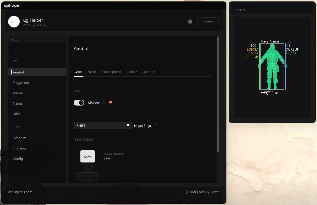 ugiHelper CS2 Aimbot menüsü