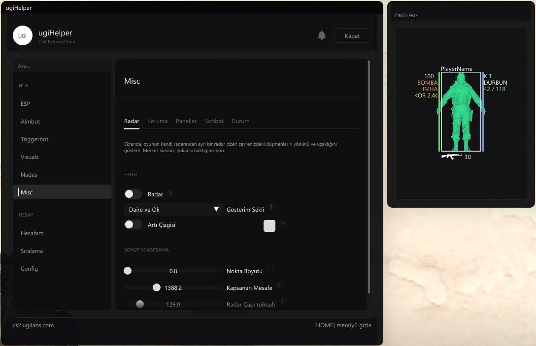 ugiHelper CS2 Misc menüsü