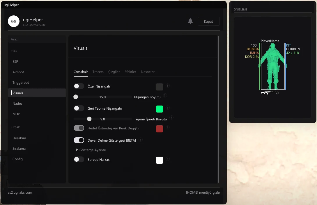 ugiHelper CS2 Visuals menüsü